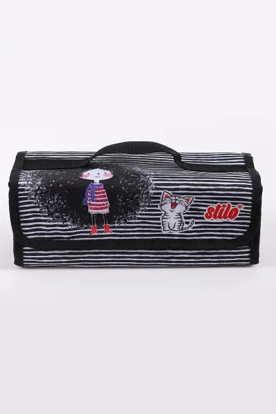 Siyah 10x25 Cm Stilo Kumaş Desenli 4 Gözlü Çantalı Kalem Kutu 441702