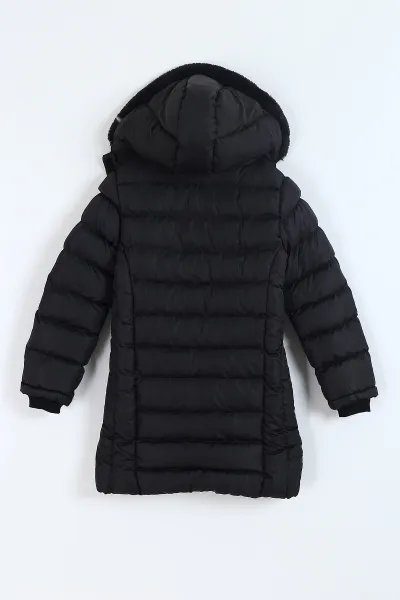 Siyah (11-14 Yaş) Kapüşon Peluşlu İçi Kürklü Kız Çocuk Mont 309317