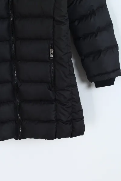 Siyah (11-14 Yaş) Kapüşon Peluşlu İçi Kürklü Kız Çocuk Mont 309317