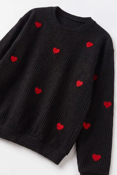 Siyah (5-16 Yaş) Kalp Nakışlı Kız Çocuk Sweatshirt 486507
