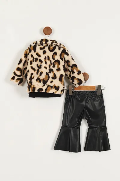 Siyah (12-36 Ay)Leopar Welsoft Hırka Deri Pantolonlu Badili Kız Bebek&Çocuk 3'lü Takım 422009