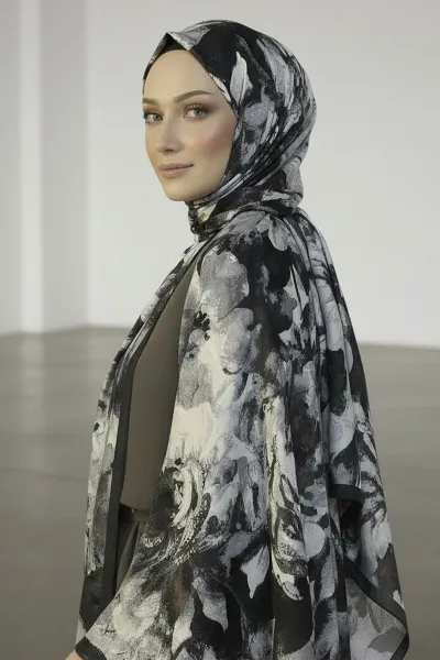 Siyah 180X70 cm Dijital Baskı Luna Desenli Pamuk Şal 420485