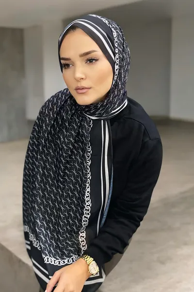 Siyah 180X70 cm Dijital Baskı Zincir Desenli Pamuk Şal 332912