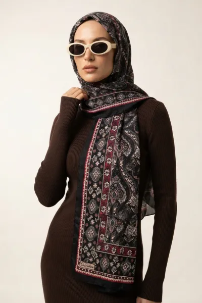 Siyah 180x70 Cm Our Fashion Dijital Baskılı Desenli Bambu Kraş Şal 488544