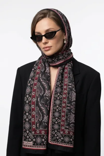 Siyah 180x70 Cm Our Fashion Dijital Baskılı Desenli Bambu Kraş Şal 488544