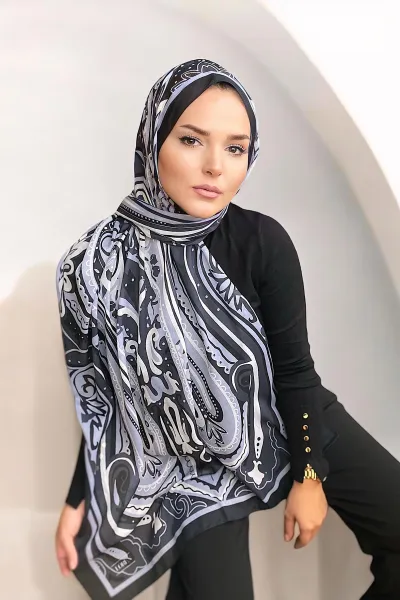 Siyah 180x70 Etnik Desen Dijital Baskılı Pamuk Şal 323057