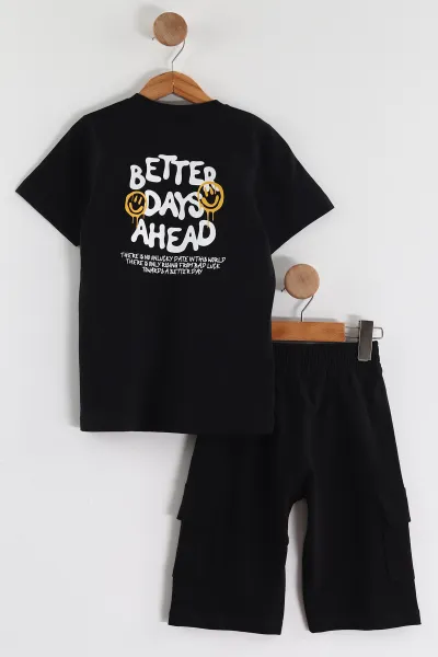 Siyah (2-10 Yaş) Better Days     Cep Detaylı  Şortlu Penye Erkek Çocuk Yazlık Takım 437822
