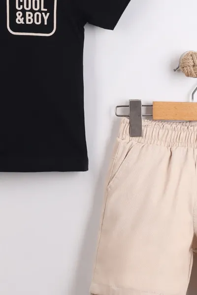 Siyah (2-10  Yaş) Polo Yaka Cool Boy Baskılı Tişörtlü Gabardin Şortlu Erkek Çocuk Yazlık 2'li Takım 454611