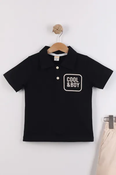 Siyah (2-10  Yaş) Polo Yaka Cool Boy Baskılı Tişörtlü Gabardin Şortlu Erkek Çocuk Yazlık 2'li Takım 454611