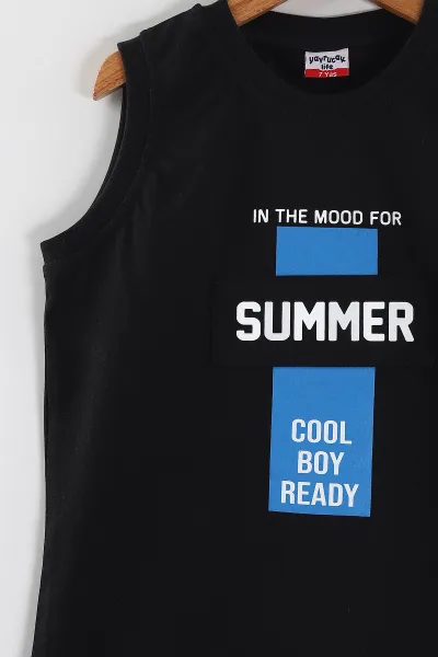 Siyah (2-10 Yaş) Summer Baskılı Sıfır Kol   ve Şortlu Süprem Erkek Çocuk Yazlık Takım 446474
