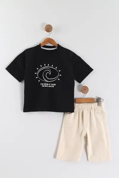 Siyah (2-10 Yaş)Baskılı Gabardin Şortlu Erkek Çocuk Takım 457403