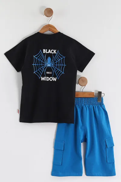 Siyah (2-10 Yaş)Black Widow Baskılı Cepli  Şortlu Penye Erkek Çocuk Yazlık Takım 437744