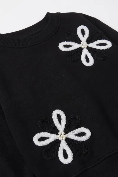 Siyah (2-11 Yaş)  Süzene Nakışlı İçi Şardonlu Kız Çocuk Sweatshirt 499983