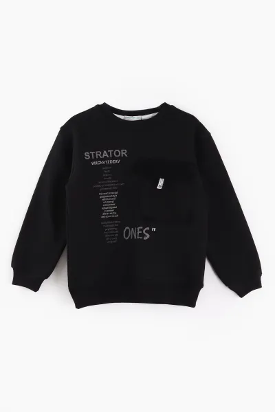 Siyah (2-12 Yaş) Baskılı Cep Detaylı 3 İp Şardonlu Erkek Çocuk Sweatshirt 499655