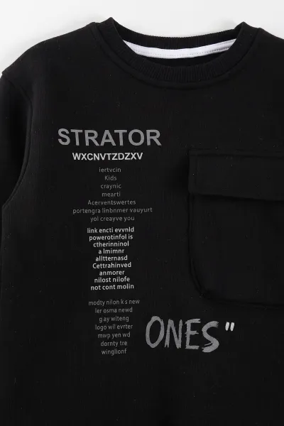 Siyah (2-12 Yaş) Baskılı Cep Detaylı 3 İp Şardonlu Erkek Çocuk Sweatshirt 499655