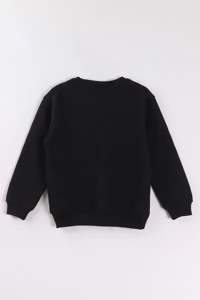 Siyah (2-12 Yaş) Baskılı Cep Detaylı 3 İp Şardonlu Erkek Çocuk Sweatshirt 499655