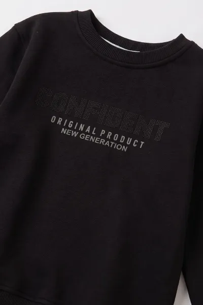 Siyah (2-12 Yaş) Confident Kabartma Baskılı 3 İp Şardonlu Erkek Çocuk Sweatshirt 486878