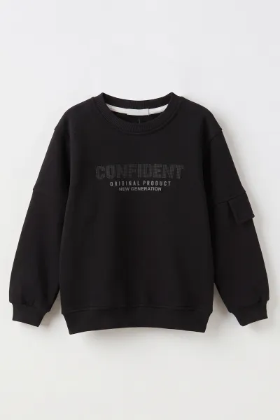 Siyah (2-12 Yaş) Confident Kabartma Baskılı 3 İp Şardonlu Erkek Çocuk Sweatshirt 486878