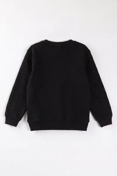 Siyah (2-12 Yaş) Kalp Nakışlı Taşlı  İçi Şardonlu Kız Çocuk Sweatshirt 483264