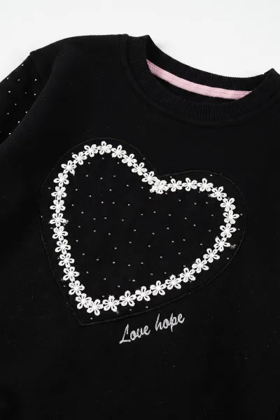 Siyah (2-12 Yaş) Kalp Nakışlı Taşlı  İçi Şardonlu Kız Çocuk Sweatshirt 483264