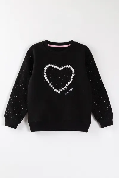 Siyah (2-12 Yaş) Kalp Nakışlı Taşlı  İçi Şardonlu Kız Çocuk Sweatshirt 483264