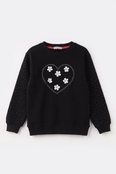 Siyah (2-12 Yaş) Kalpli Çiçek Nakışlı Taşlı  İçi Şardonlu Kız Çocuk Sweatshirt 483287