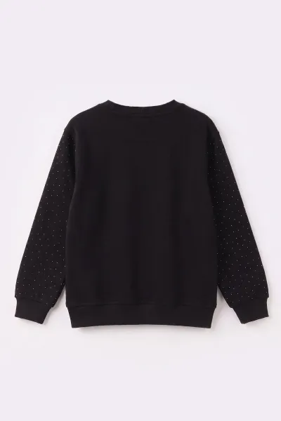 Siyah (2-12 Yaş) Kalpli Çiçek Nakışlı Taşlı  İçi Şardonlu Kız Çocuk Sweatshirt 483287