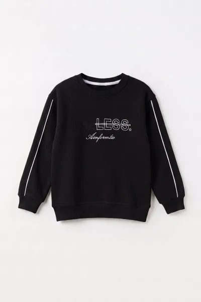 Siyah (2-12 Yaş) Theless Nakışlı  İçi Şardonlu Erkek  Çocuk Sweatshirt 483293