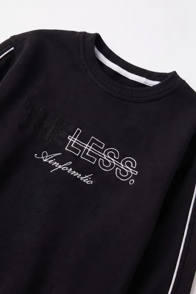 Siyah (2-12 Yaş) Theless Nakışlı  İçi Şardonlu Erkek  Çocuk Sweatshirt 483293