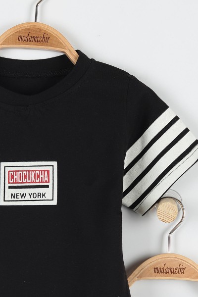 Siyah (2-5 Yaş) Chocukcha New York Baskılı Kol Çizgili Şortlu Erkek Çocuk Takım 173465