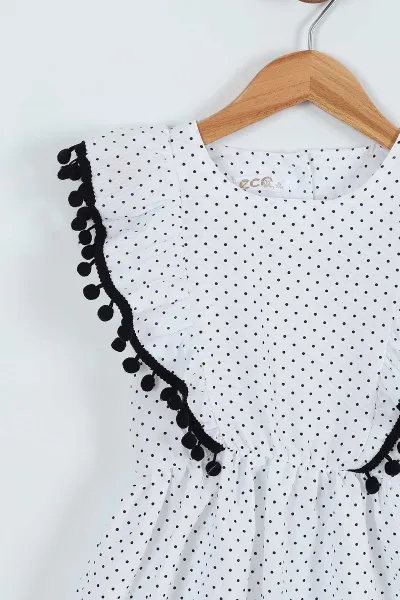 Siyah (2-5 Yaş) Puantiyeli Ponponlu Beli Lastikli Kız Çocuk Elbise 262426