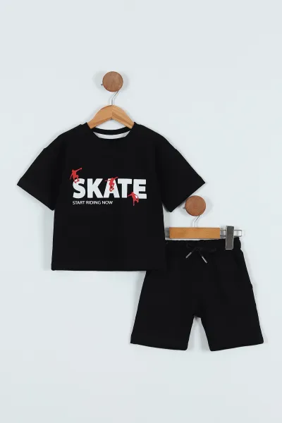 Siyah (2-5 Yaş) Skate Baskılı Şortlu Erkek Çocuk Takım 267237