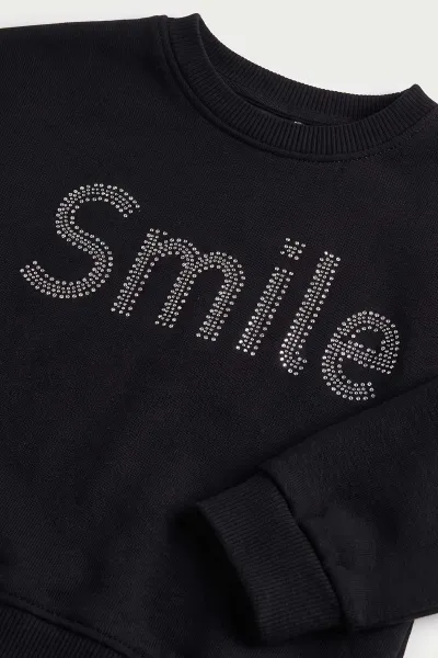 Siyah (2-5 Yaş) Smile Baskılı Taşlı Kız Çocuk Takım 475952