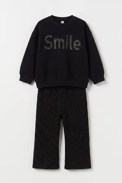 Siyah (2-5 Yaş) Smile Baskılı Taşlı Kız Çocuk Takım 475952