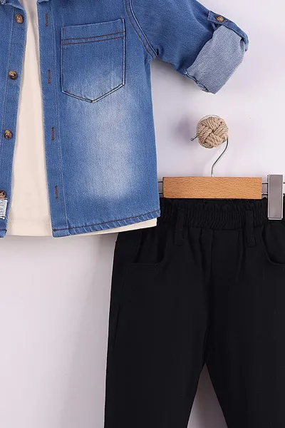 Siyah (2-5 Yaş)Kot Gömlekli Tişörtlü Gabardin Pantolonlu Erkek Çocuk 3'lü Takım 434392