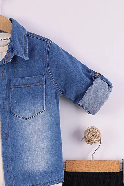 Siyah (2-5 Yaş)Kot Gömlekli Tişörtlü Gabardin Pantolonlu Erkek Çocuk 3'lü Takım 434392