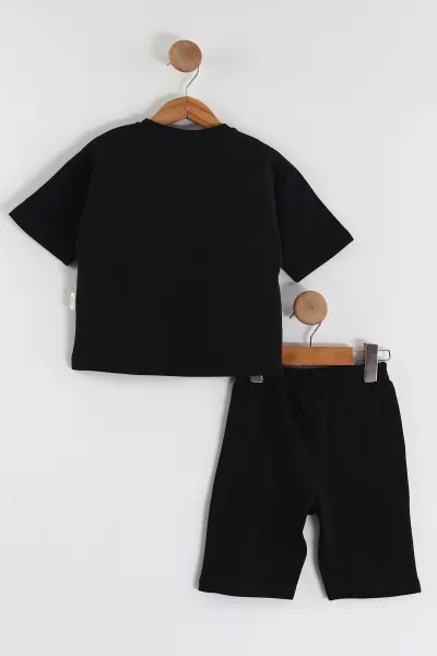 Siyah (2-6 Yaş) Black Baskılı Şortlu Süprem Erkek Çocuk Yazlık Takım 438072
