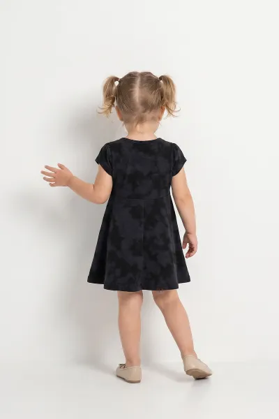 Siyah (2-6 Yaş) Büyük Fiyonklu İncili Batik Desen Süprem Kız Çocuk Elbise 459013