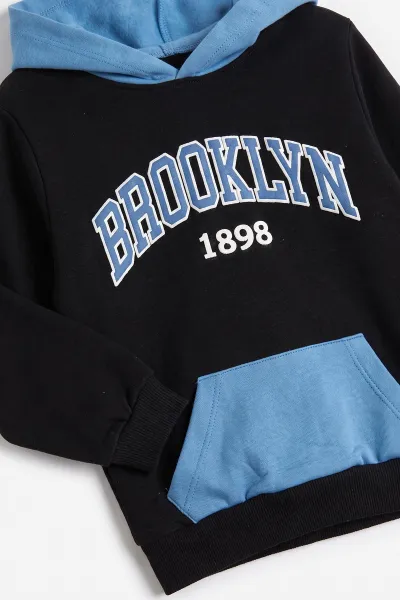 Siyah (2-6 Yaş)Brooklyn Nakışlı   Kapüşonlu Kanguru Cepli Erkek Çocuk 2'li  Takım 472912