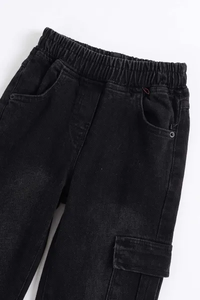 Siyah (2-7 Yaş) Batik Desenli Kot Pantolonlu Komanda Cepli Kız Çocuk 2'li Takım 499600