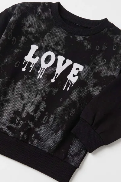 Siyah (2-7 Yaş) Batik Desenli Love Baskılı  Kot Pantolonlu   Kız Çocuk 2'li Takım 499603