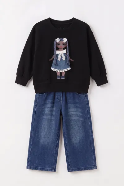 Siyah (2-7 Yaş) Bebek Figürlü Kot Pantolonlu Kız Çocuk Takım 497478