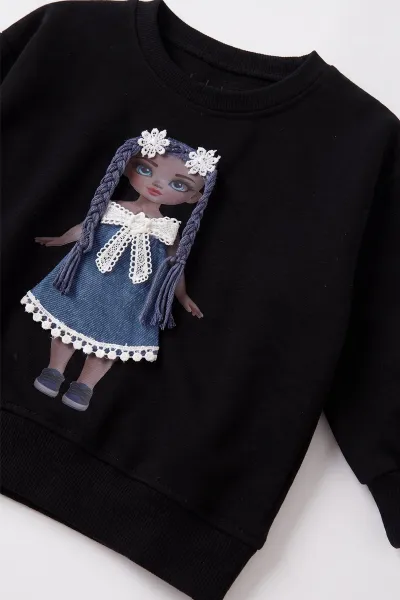 Siyah (2-7 Yaş) Bebek Figürlü Kot Pantolonlu Kız Çocuk Takım 497478
