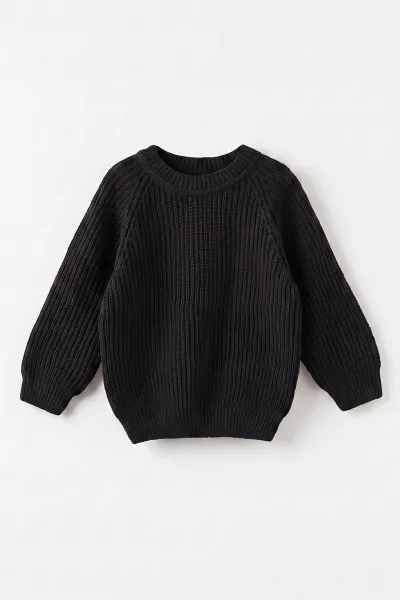 Siyah (2-8 Yaş) Dikişsiz Selanik Örgülü Unisex Çocuk Kazak 474927