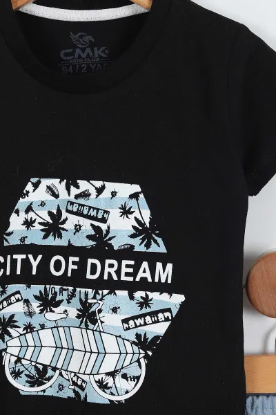 Siyah (2-9 Yaş)City Of Dream Baskılı Şortlu Erkek Çocuk Yazlık Takım 354095