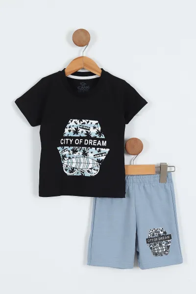 Siyah (2-9 Yaş)City Of Dream Baskılı Şortlu Erkek Çocuk Yazlık Takım 354095