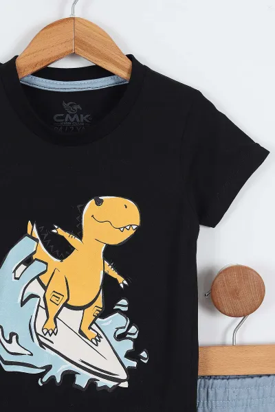 Siyah (2-9 Yaş)Dinozor  Baskılı Şortlu Erkek Çocuk Yazlık Takım 354110