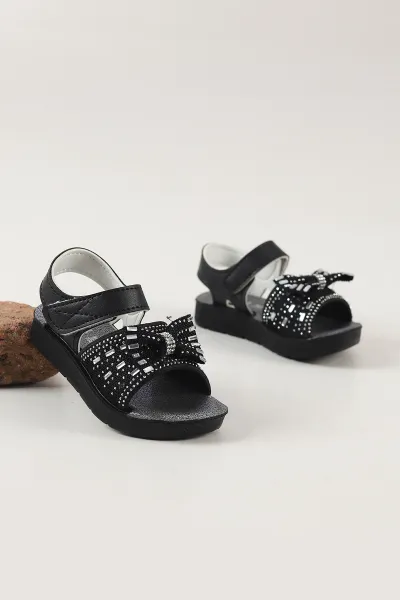 Siyah ( 23 - 25 ) Taş Detaylı Fiyonklu Kız Bebek Sandalet 462851