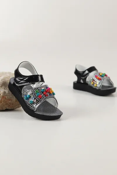 Siyah ( 23 - 25 ) Taşlı Boncuk Detaylı Kız Bebek Sandalet 445099
