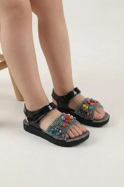 Siyah ( 23 - 25 ) Taşlı Boncuk Detaylı Kız Bebek Sandalet 445099